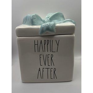 RARE Rae Dunn HAPPILY EVER AFTER White Box w/Light Blue Bow & Pino Grigio Candle